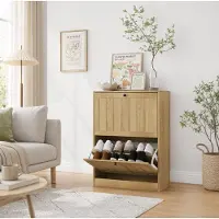 STILVORA Schoenenkast - Smalle Staande Kast Met 2 Kleppen En Antikantelbeveiliging - Voor Hal En Entree - MDF En Spaanplaat - 60x24x80 Cm - Oak