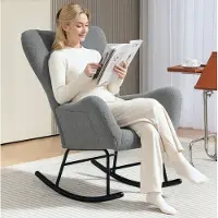 OKWISH Schommelstoel – 67 x 95 x 100 cm – Met Teddystof, Armleuningen, Lendenkussen En Zijvak – Voor Woonkamer Of Slaapkamer – Grijs