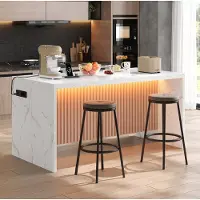 OKWISH Keukeneiland - Witte Marmorlook Met Ledverlichting En Stopcontacten - 155 x 80 x 90 cm - 2 USB - MDF Wit Naturel