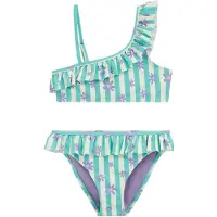 We fashion one shoulder gebloemde bikini met ruches - turquoise Blauw Meisjes Polyester - maat 170/176