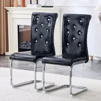 OKWISH Eetkamerstoel Set Van 2 – Krokodillenlook Met Kristalknopen En Hoge Rugleuning – Voor Moderne Eetkamer – Kunstleer – Zwart