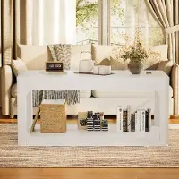 MODFU Salontafel, wit, met dubbellaags design. Bijzetter met een 3 cm dikke tafelblad. Salontafel met open opbergruimte, afmetingen: 100 x 50 x 44,5 cm