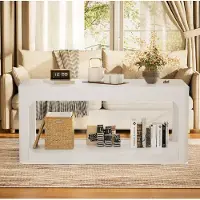OKWISH Rechthoekige salontafel met open opbergruimte, 3 cm dikke tafelblad, salontafel met hol ontwerp, geschikt voor de woonkamer, wit