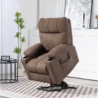 OKWISH Relaxfauteuil 91 x 95 x 109 cm - Elektrische Sta-op Hulp, Verstelbare Ligstand, Massage En Lendenverwarming - Woonkamer - Fluweelachtig Polyester - Bruin
