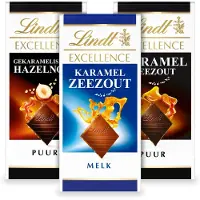 Lindt EXCELLENCE 3-pack Chocolade Repen Mix - Puur Karamel zeezout, Gekarameliseerde Hazelnoot, Melk Karamel Zeezout