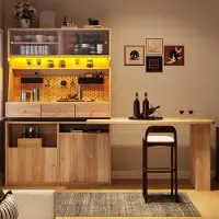 OKWISH Hoge kast met bureau en lades, opbergkast met LED-verlichting en verstelbare legplanken, met prikbord, naturel