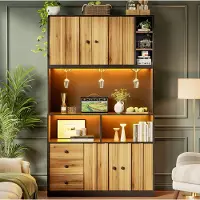 STILVORA hoge kast met LED-verlichting en stopcontact, keukenkast met wijnrek en vitrine, keukenrek voor keuken en eetkamer