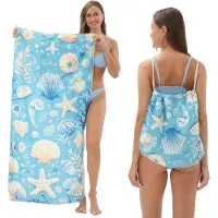 Snq 2-In-1 Opvouwbare Strandhanddoek Met Rugzak - 140x70 Cm - Voor Kamperen, Yoga En Reizen - Absorberend Badlaken Met Opbergvak - Omkeerbaar Strandkleed En Draagtas - Blauwe Schelp Print