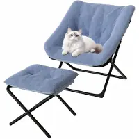 Happiq Loungestoel met Voetenbank - Opvouwbaar Oversized design - voor woonkamer en slaapkamer - Blauw Kunstleer en Zwart Metaal - Grijs