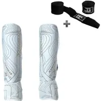 Joya ESSENTIAL Scheenbeschermers – Kickboksen/Muay Thai/MMA – Wit/Goud – Maat M – Ergonomische pasvorm, schokabsorberende padding – Inclusief Bandage