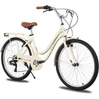 Hiland Breeze Dames Commuter Stadsfiets - 26" - 7 Versnellingen - Handrem - Mand - Standaard - Beige - Geschikt voor buitenactiviteiten in de lente