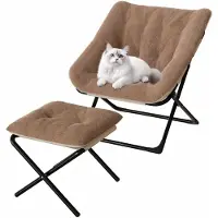 Happiq Loungestoel met Voetenbank - Opvouwbaar Oversized design - voor woonkamer en slaapkamer - Koffiebruin Kunstleer en Zwart Metaal - Blauw