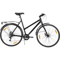 Happiq Stadsfiets 71 cm – Voor dames en heren voor woon-werkverkeer en dagelijks gebruik – Met 7 versnellingen, spatborden en bagagedrager – Zwart aluminium frame