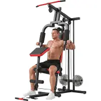 SPORTNOW Multi-Exercise Gym Station-Stahl, Kunstleder-136L x 107B x 205H cm-Schwarz+Rot