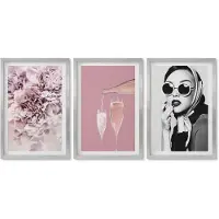 Wallfluent 4-Delige Schilderij Set - Bloemen in verschillende tinten roze en een elegante vrouw - 40 x 60 cm - Moderne Wanddecoratie - Woonkamer - Stijlvolle Muurdecoratie