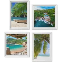 Wallfluent 4-Delige Schilderij Set - Strand Met Boten, Watervallen En Palmbomen In De Tropen - 40 x 40 En 40 x 60 - Muurdecoratie - Wanddecoratie - Hal - Woonkamer Decoratie