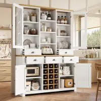 Merax Hoge kast - met kantelbeveiliging - keukenkast - met glazen deur en softclose-functie - afneembare wijnrek - wit