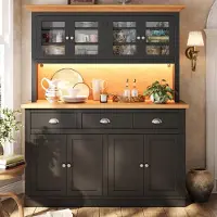 OKWISH Keukenkast - Buffetkast Met Glazen Deur En RGB-ledverlichting - Verstelbare Planken En Kipbeveiliging - Zwart - 140x40x180 Cm