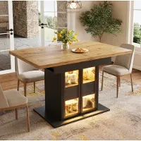OKWISH Uitschuifbare eettafel met glazen schuifdeuren en LED-verlichting, keukentafel met opbergruimte, 110–140 cm, verborgen drukknop, zwart