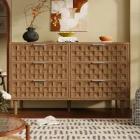 OKWISH Eikenhouten commode met 6 lades en metalen handgrepen, vintage stijl, dressoir met wafelstructuur, geschikt voor de woonkamer