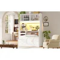 OKWISH Keukenkast Hoge Kast 120 Cm Met RGB Led Verlichting Glas Schuifdeuren Wijnrek Opklapdeuren 3 Lades Stijlvolle Opbergruimte MDF Wit