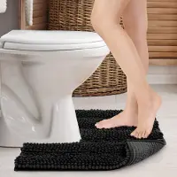 Famanu – Antislip Toiletmat Pedestal Mat voor Toilet Badkamer Douche Badmat Tapijt Absorbent Machinewasbaar Microfiber Chenille Verdikt Zacht - U Vorm (Zwart)