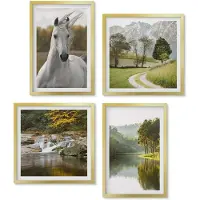 Wallfluent 4-Delige Schilderij Set - Witte paarden aan de rivier - Natuurlandschap - 40 x 40 cm en 40 x 60 cm - Schilderijen Set - Wanddecoratie - Woonkamer - Stijlvolle Muurdecoratie