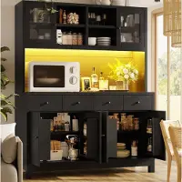 STILVORA Keukenkast - Hoge Buffetkast Met App-Gestuurde RGB-Led En Glazen Deuren - Met 4 Lades En Verstelbare Planken - Zwart - 140 X 38,5 X 180 Cm