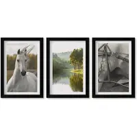 Wallfluent 3-Delige Schilderij Set - Witte Paarden Aan De Rivier - Natuurlandschap - 20 x 30 cm - Wanddecoratie - Schilderijen Set - Kantoor - Woonkamer Decoratie