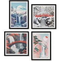 Wallfluent 4-Delige Schilderij Set - Watervallen, Bergen Met Een Brug En Bloeiende Bomen - 40 x 40 cm En 40 x 60 cm - Muurdecoratie - Decoratieve Schilderijen - Wohnzimmer - Wanddecoratie