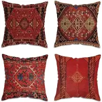 Snq Set van 4 Levendige Orintaalse Ikat Kussenhoezen - Kleurrijke Geometrische & Stamborduurpatronen - Decoratieve Kussenhoes voor Woonkamerbank - 45x45 cm Linnen Kussenhoes