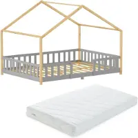 En.casa Kinderbed 'Treviolo' met matras en valbeveiliging, 140x200 cm, lichtgrijs/wit