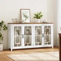 STILVORA Dressoir 160 Cm Met Glazen Deuren En Houtlook Blad - Grote Opbergruimte Voor Keuken, Eetkamer En Woonkamer - Wit - MDF