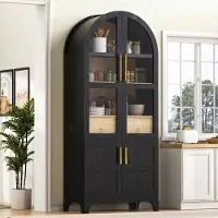 OKWISH Keukenkast - Hoge Opbergkast Met Verstelbare Planken En Lade - Voor Keuken, Woonkamer En Eetkamer - Zwart MDF En Glas - 76 Cm