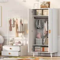 OKWISH Kledingkast voor kinderen, wit, met dubbele deuren, grote opbergruimtes, een kledingrek met lades en decoratieve handgrepen met cartoonmotieven
