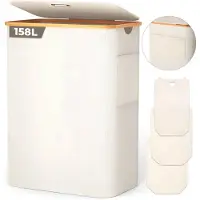 Vali Wasmand - Wasmand met Deksel - 158L - Wasmand 3 Vakken - Beige - 57cm x 37cm x 75cm