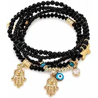 Marama Ibiza Sunset Zwart – Armbandenset Dames – Set van 5 – Bohemian – Elastisch – Zwarte Kralen met Goudkleurige Bedels