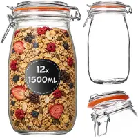 Kadax inmaakpot 12 stuks 1,5 l met beugelsluiting, luchtdichte pot met rubberen afdichting en glazen deksel, augurkenpot, grote glazen voorraadpot, fermentatiepot