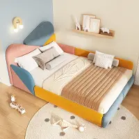 STILVORA Kinderbed 140x200 cm – Verhoogde Zijbescherming En Zachte Bekleding – Laag Bed Voor Kinderkamer – Zonder Matras – Stof – Blauw Multikleur
