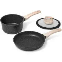 Just perfecto Pannenset Inductie 3-delig – Koekenpan en Steelpan met Deksel – Marmeren Antiaanbaklaag – Alle Warmtebronnen – Zwart