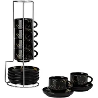 Happiq 6-delige Porseleinen Kopjeset 3 oz – Zwart & Wit met Schotels en Metalen Houder voor Cappuccino, Espresso, Latte & Thee – Zwart