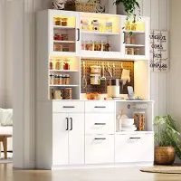 OKWISH Keukenkast - Met Ledverlichting En Stopcontacten - 145 x 40 x 185 cm - 5 Lades - Verstelbare Planken En Werkblad - MDF Wit