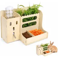 VHV - Hooiruif voor konijnen met waterfles - Houten voerstation 28 x 20 cm - Voor hooi, voer en groente - Voor cavia en chinchilla