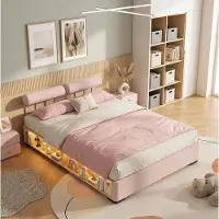 OKWISH Kinderbed 140x200 cm - Gestoffeerd Laag Bed Met Led Zijrek - Open Opbergruimte En Flexibele Hoofdsteunen - Kinderkamer - Stof - Roze - Zonder Matras