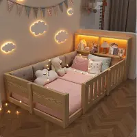 OKWISH Kinderbed 90 X 200 Cm Met Veiligheidsrek En Opbergruimte Aan Hoofdbord Met Ledverlichting Zonder Matras Natuurlijk Hout