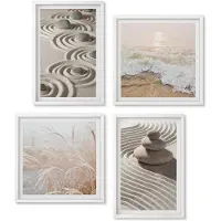 Wallfluent 4-Delige Schilderij Set - Rustig Zand En Kabbelend Water Met Kiezels Op Het Strand. - 40 x 40 En 40 x 60 - Wanddecoratie - Schilderijen Set - Interieur - Moderne Wanddecoratie