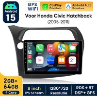 Hexinex Hexinexmarket Autoradio Geschikt Voor Honda Civic Hatchback (2005- 2011) - Draadloos CarPlay, Android Auto, GPS Navi, multimediaspeler - 2GB+64GB