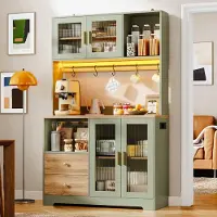 HAUSS SPOLE Keukenkast - Hoogkast Met LED, Stopcontact En Vitrinedeuren - Voor Keuken En Eetkamer - MDF - 110x40x178 Cm - Antiekgroen