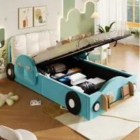 OKWISH Gestoffeerd Bed 90x200 cm - Met Hydraulische Opbergruimte en Zijvakken - Met Boekenplank en Groot Hoofdkussen - Kinderbed Van Stof - Blauw - Zonder matras
