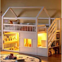 STILVORA Hoogslaper 90x200 cm – Huisbed Met Opbergtrap En Ledverlichting – Met Veiligheidshek – Kinderkamer – MDF En Hout – Wit – Zonder Matras